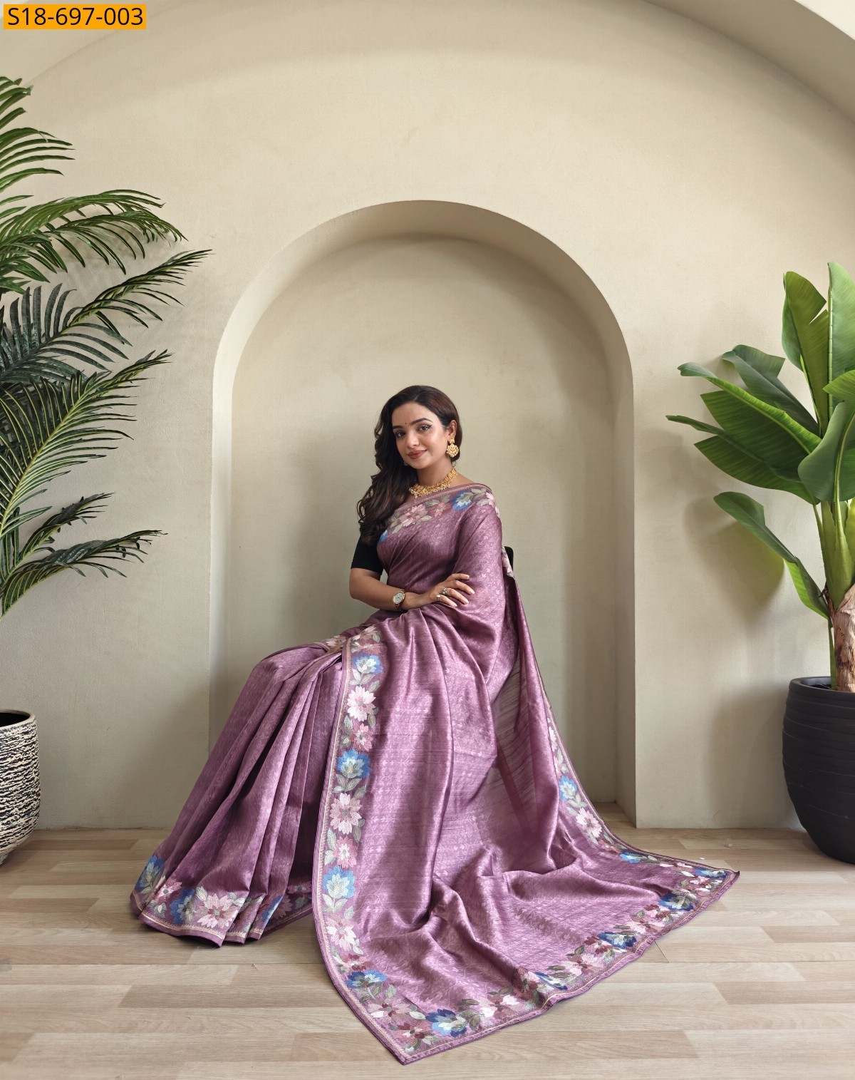 Onion Pink Tussar embroidery Sarees