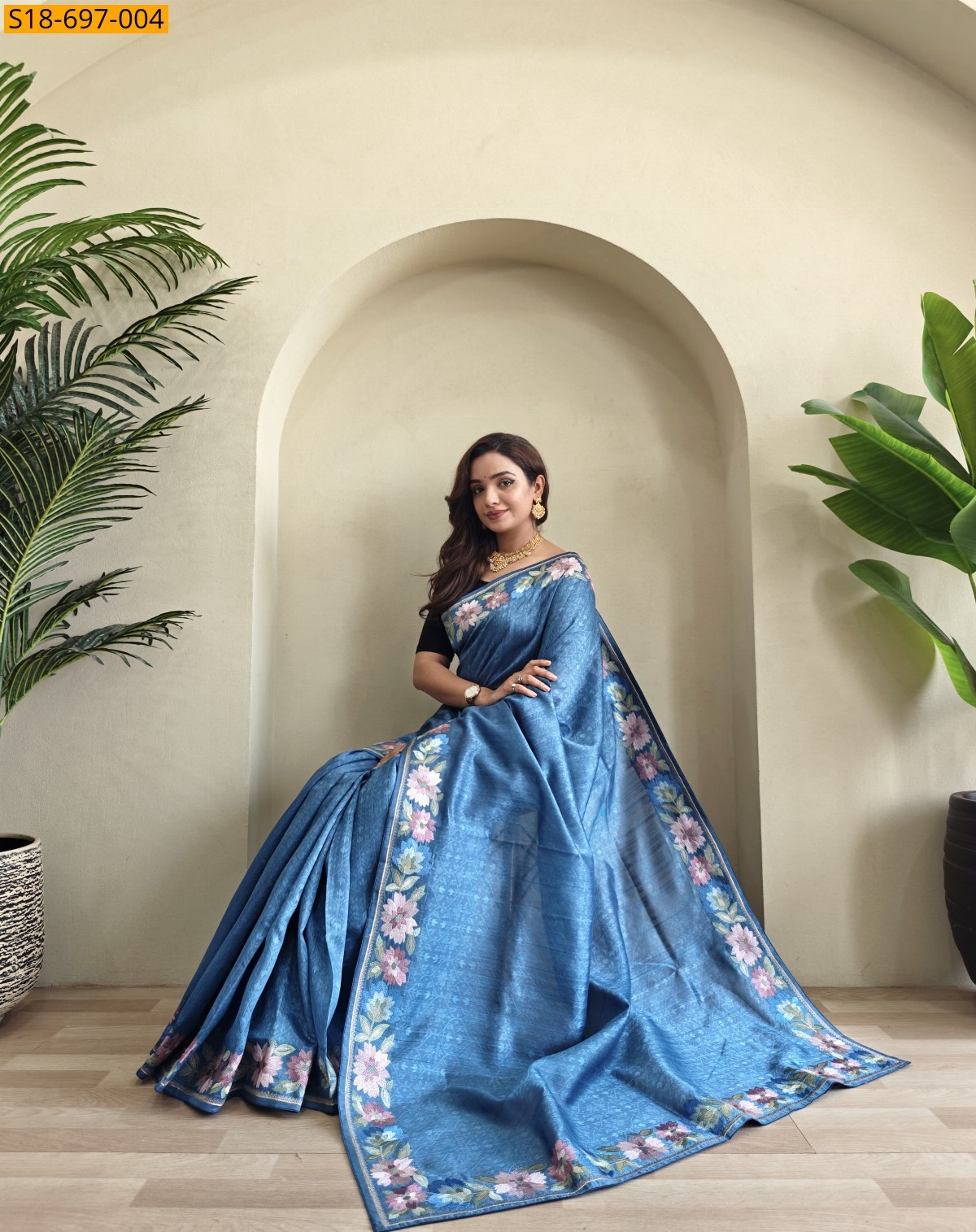 Blue Tussar embroidery Sarees