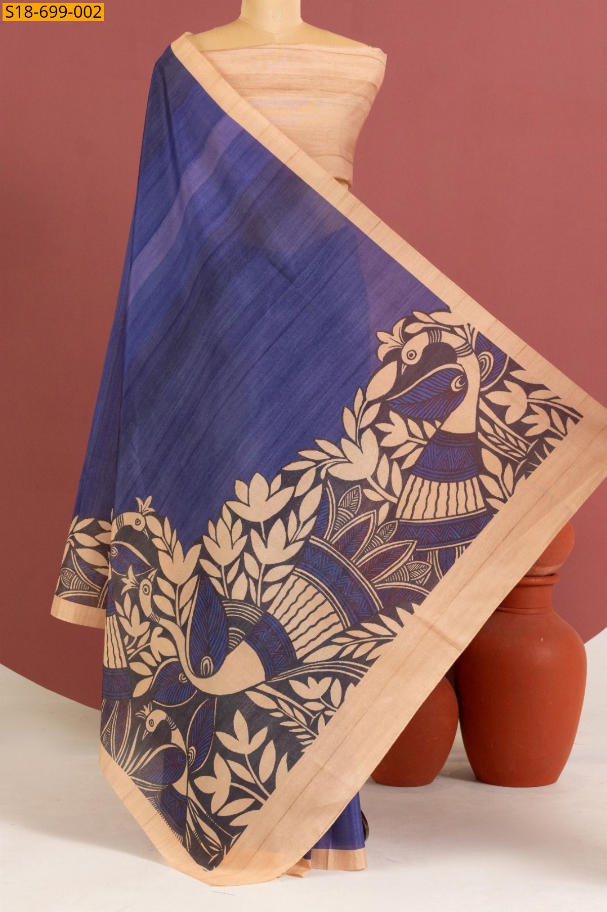 Blue Tussar silk kalamkari printed Sarees
