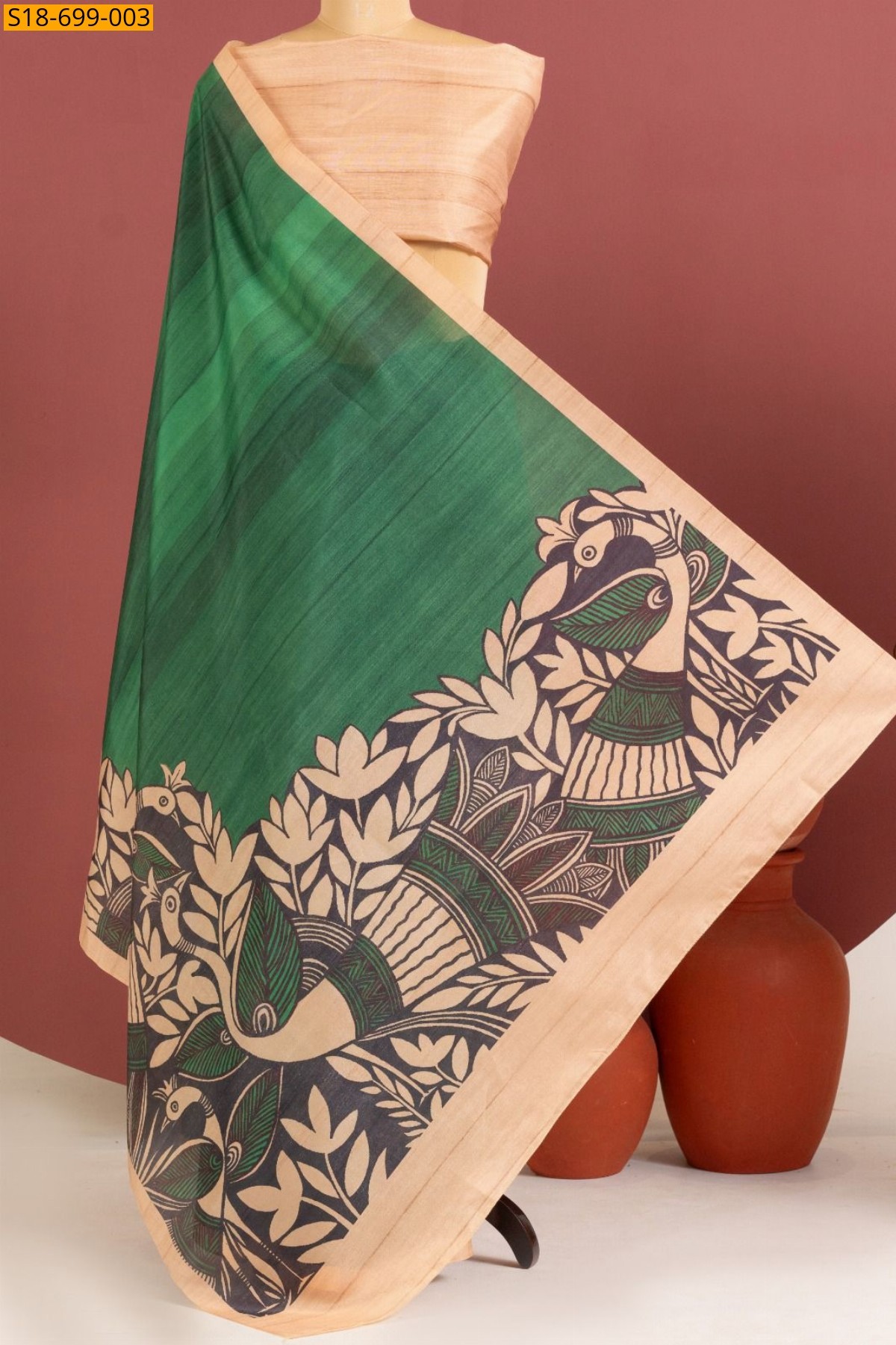 Green Tussar silk kalamkari printed Sarees