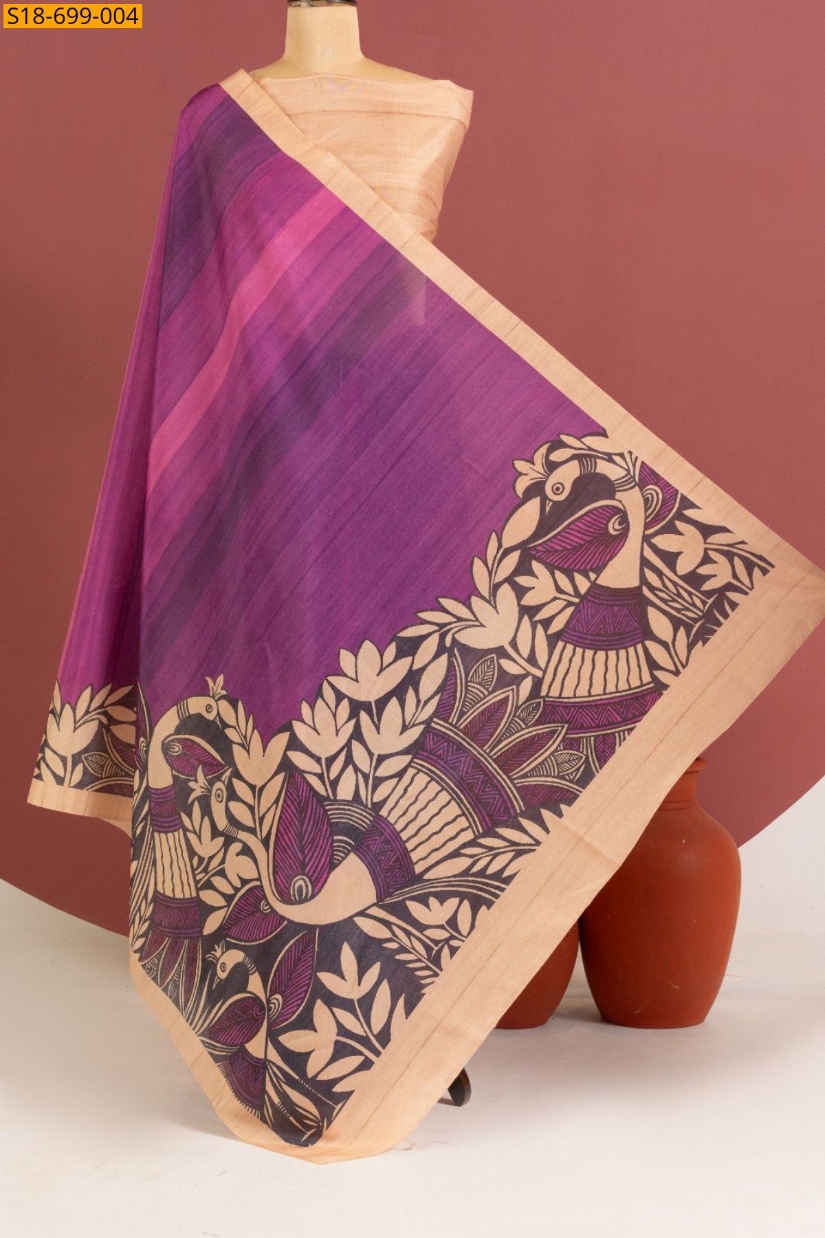 Pink Tussar silk kalamkari printed Sarees