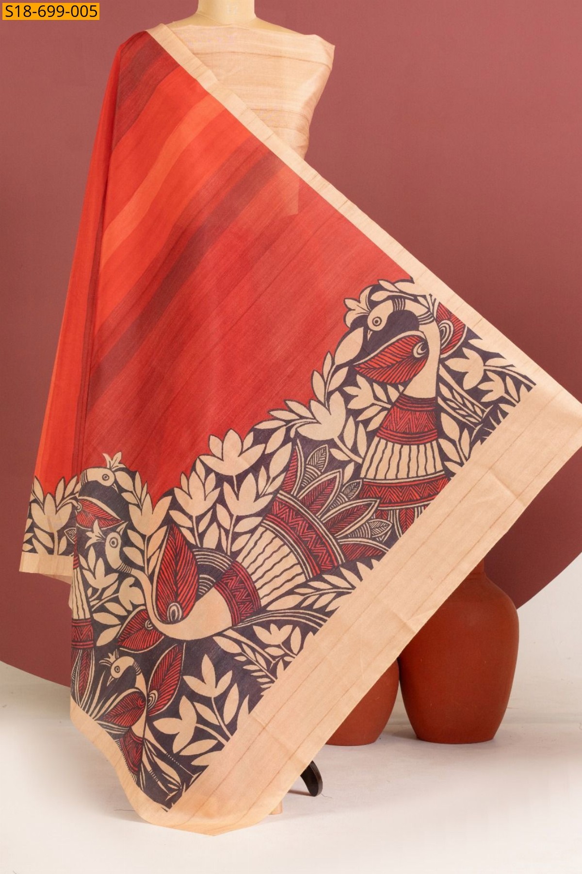 Orange Tussar silk kalamkari printed Sarees