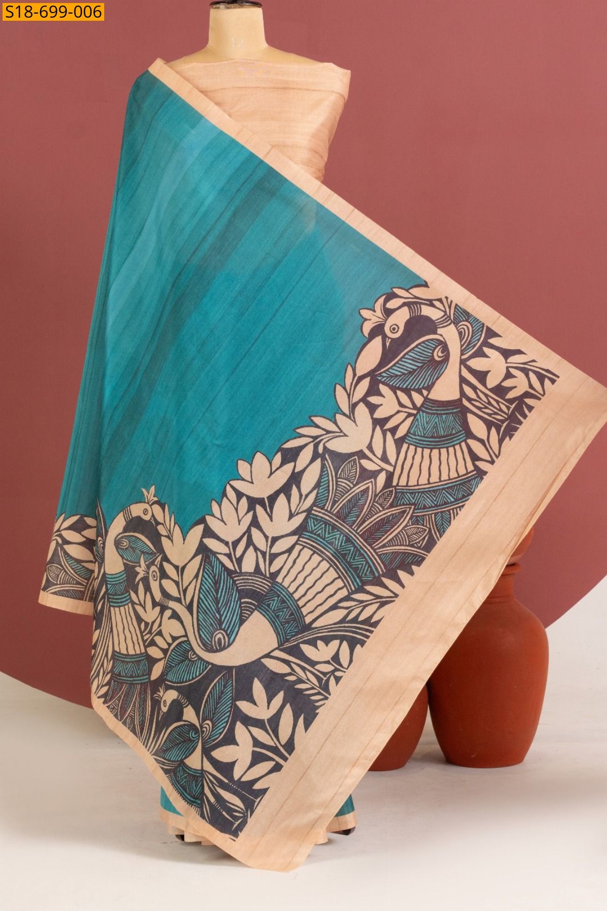 Sky Blue Tussar silk kalamkari printed Sarees