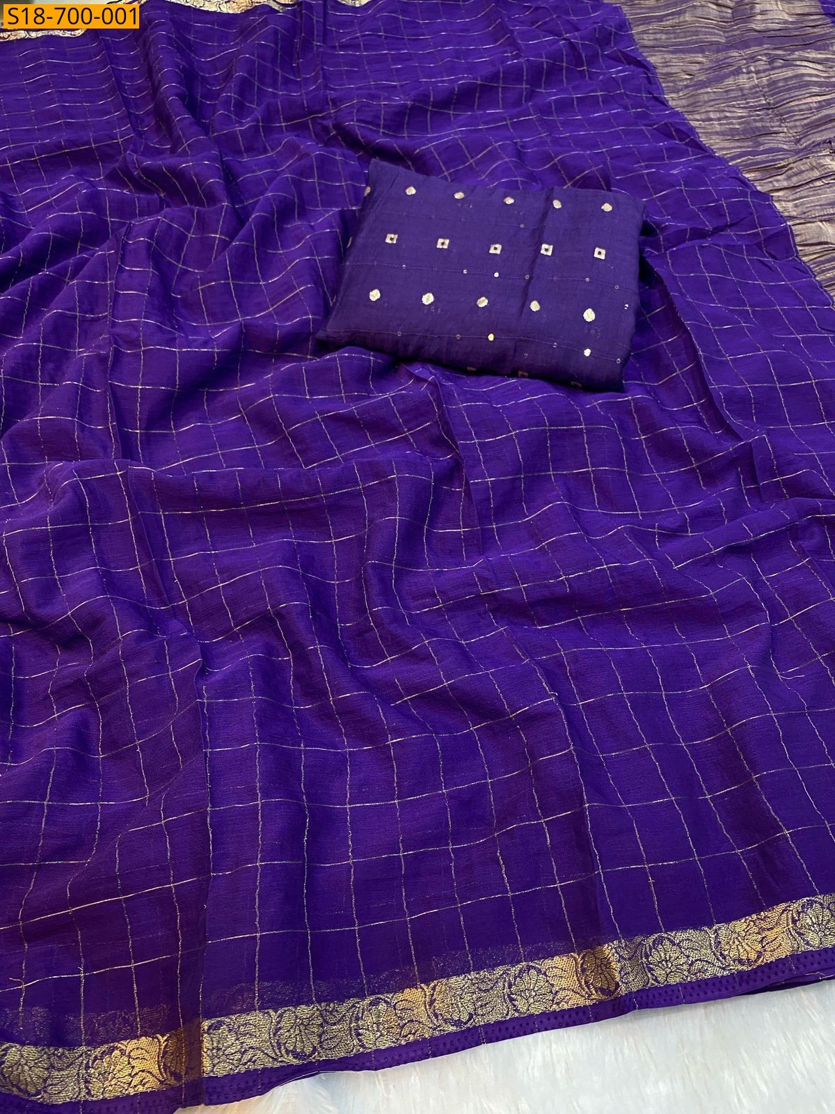 Violet Fancy Viscose Checks Sarees
