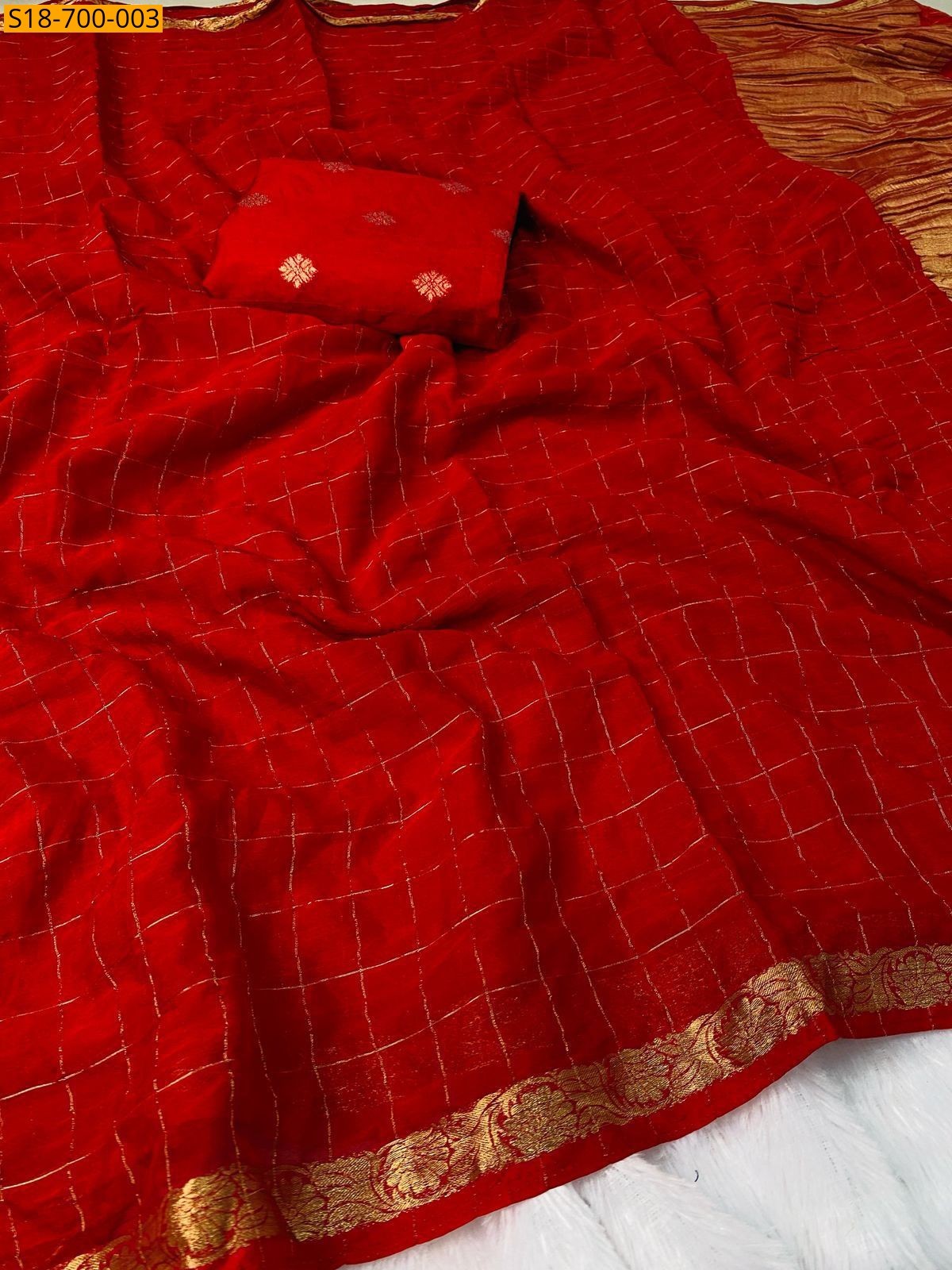 Red Fancy Viscose Checks Sarees