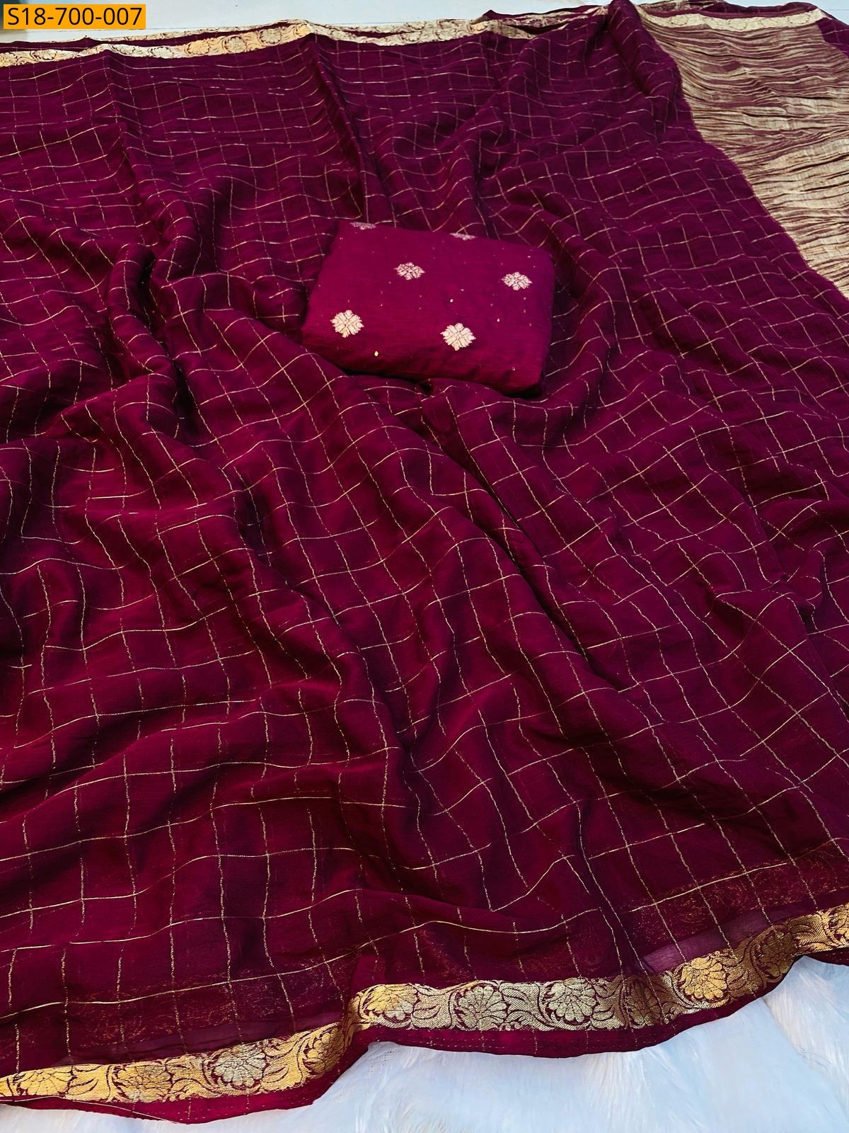 Wine Fancy Viscose Checks Sarees