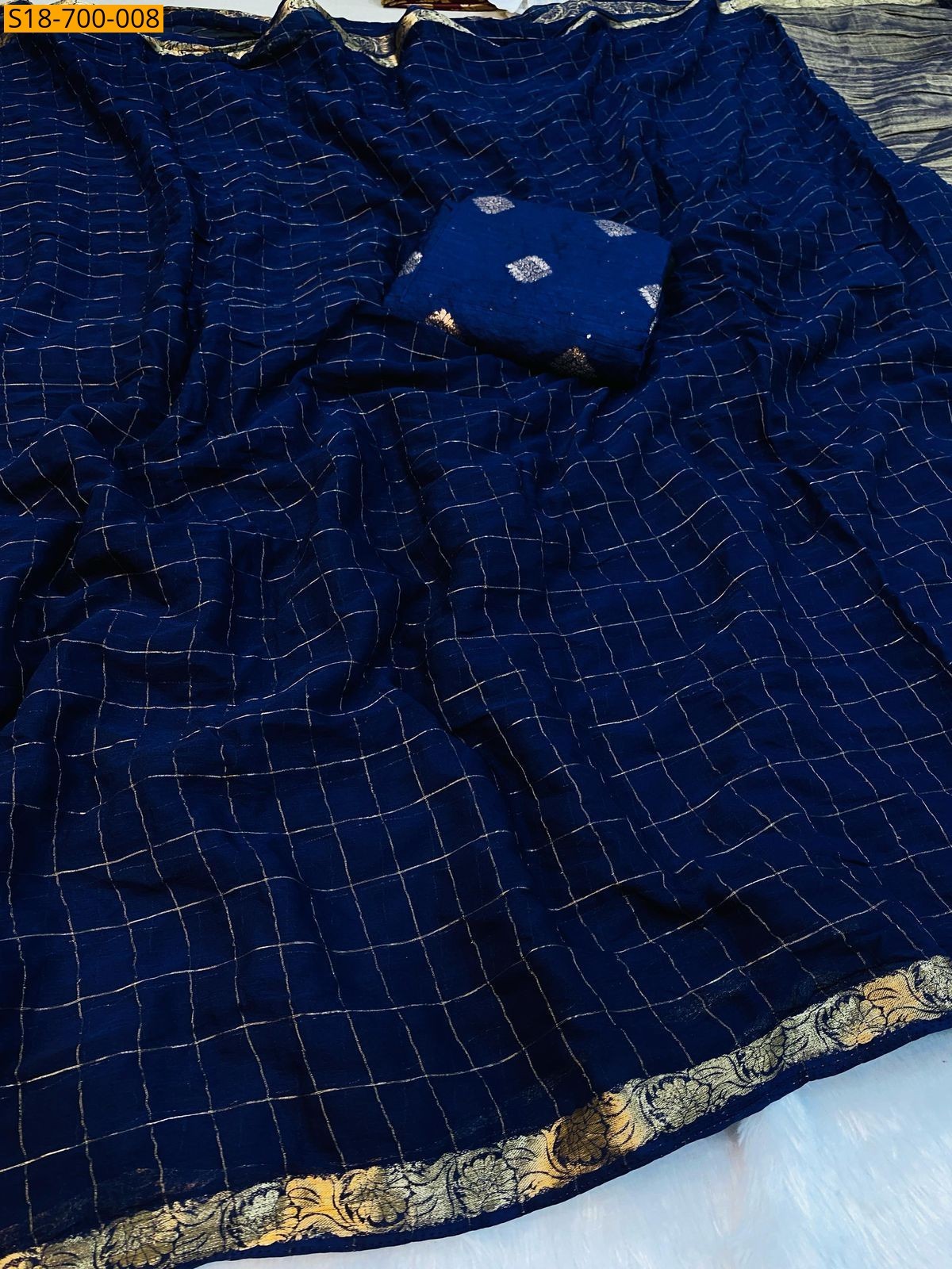Navy Blue Fancy Viscose Checks Sarees