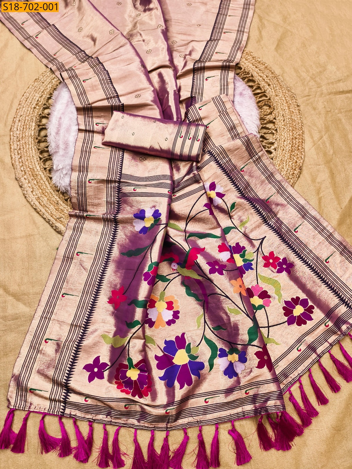 Copper Soft zari tissue paithani silk sarees