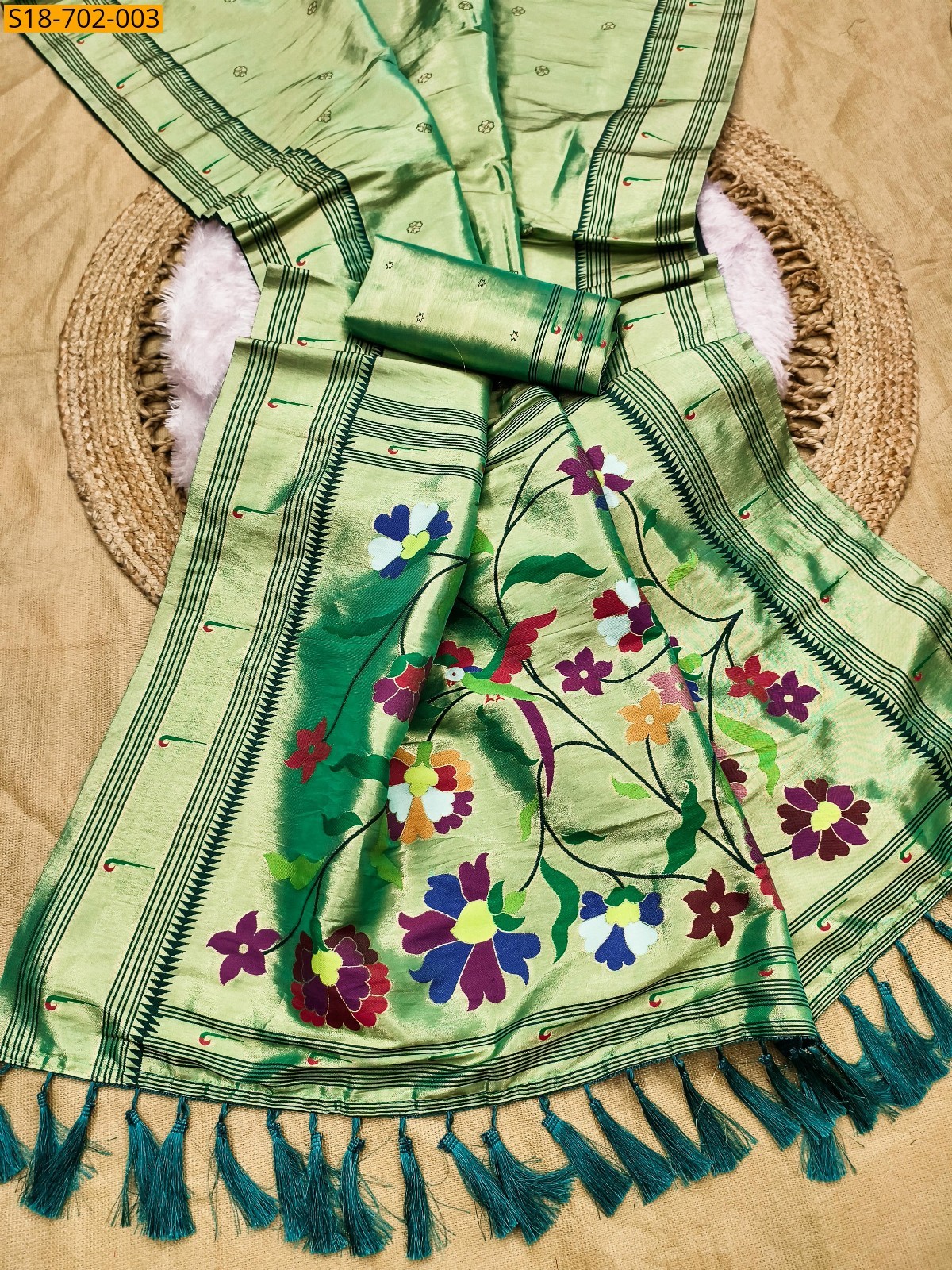 Green Soft zari tissue paithani silk sarees