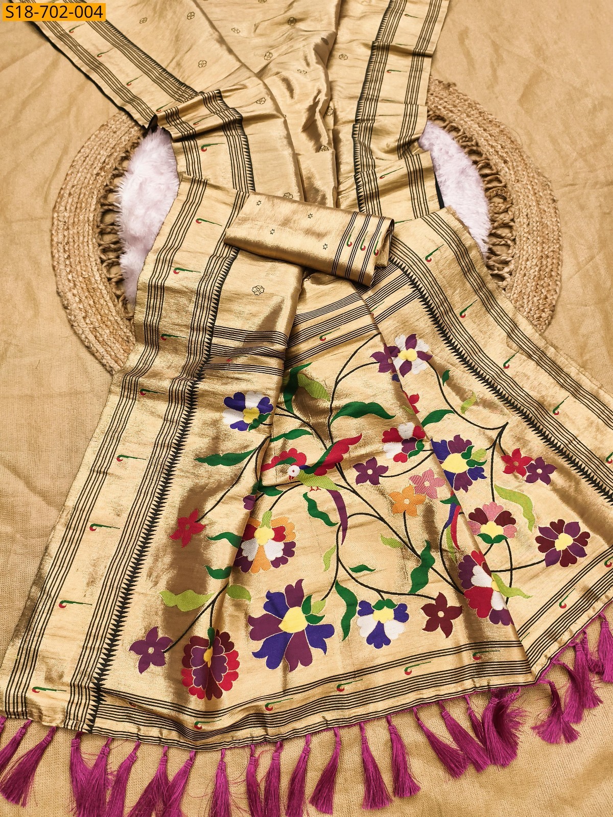 Sandal Soft zari tissue paithani silk sarees