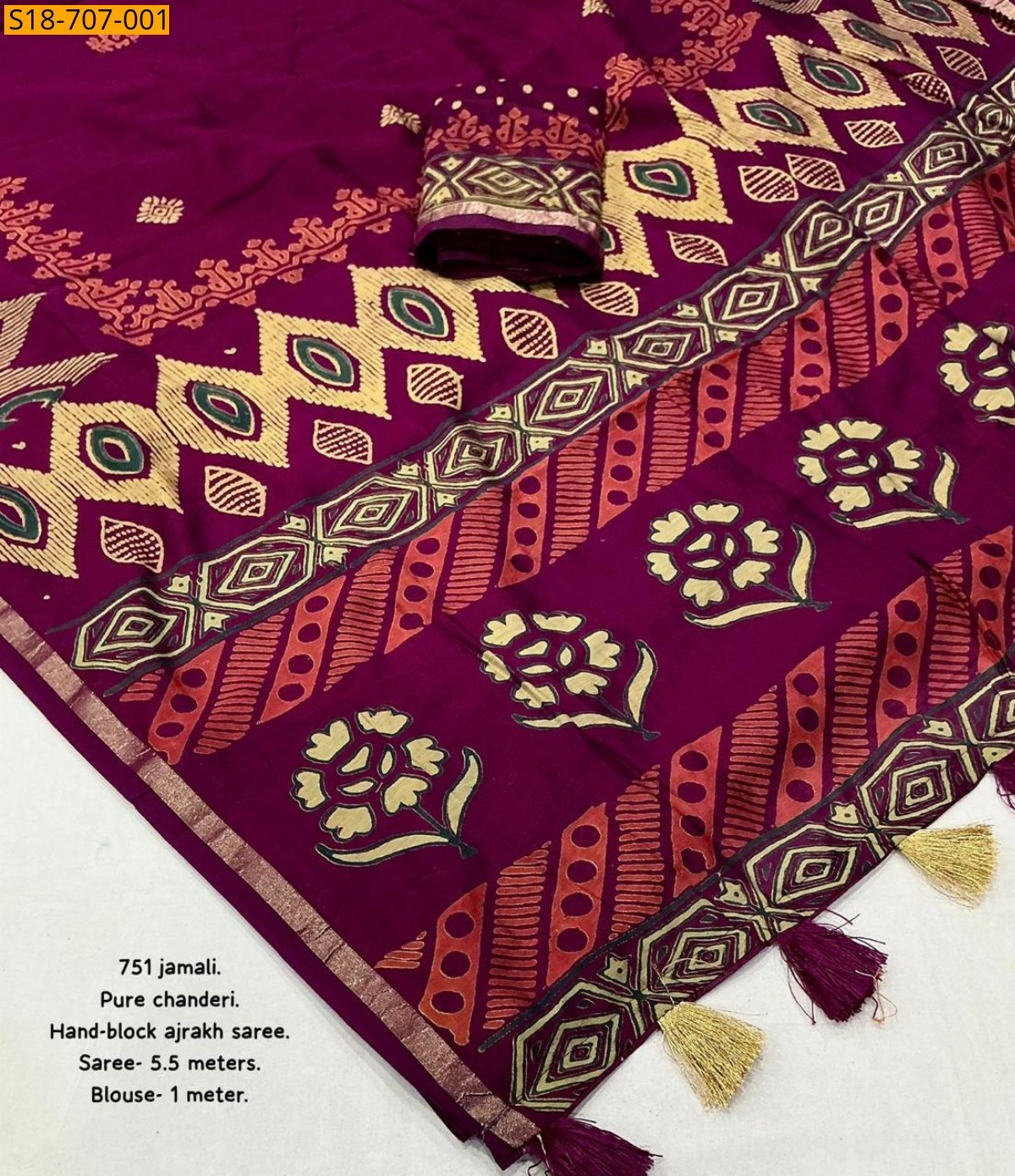 Megenta Chanderi cotton handblock printed sarees