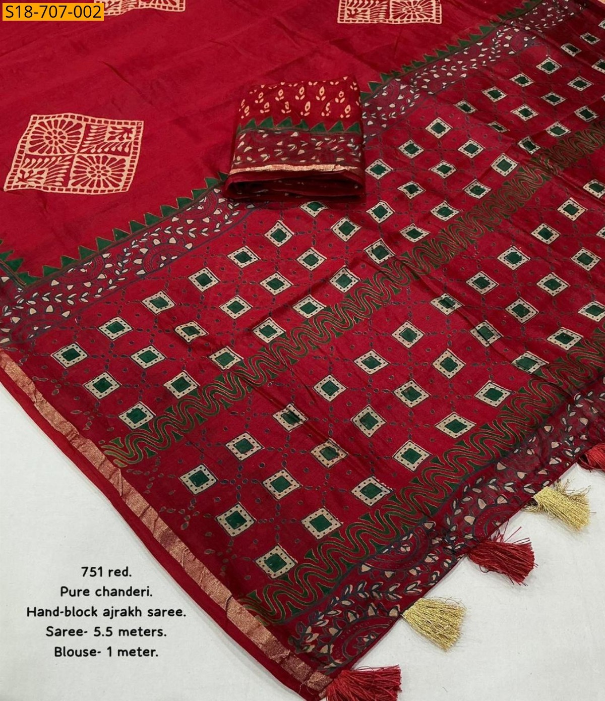Red Chanderi cotton handblock printed sarees