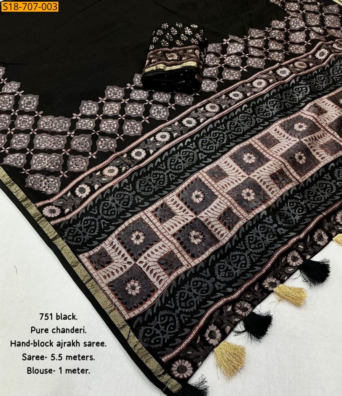 Black Chanderi cotton handblock printed sarees
