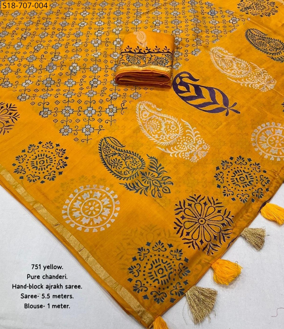 Yellow Chanderi cotton handblock printed sarees