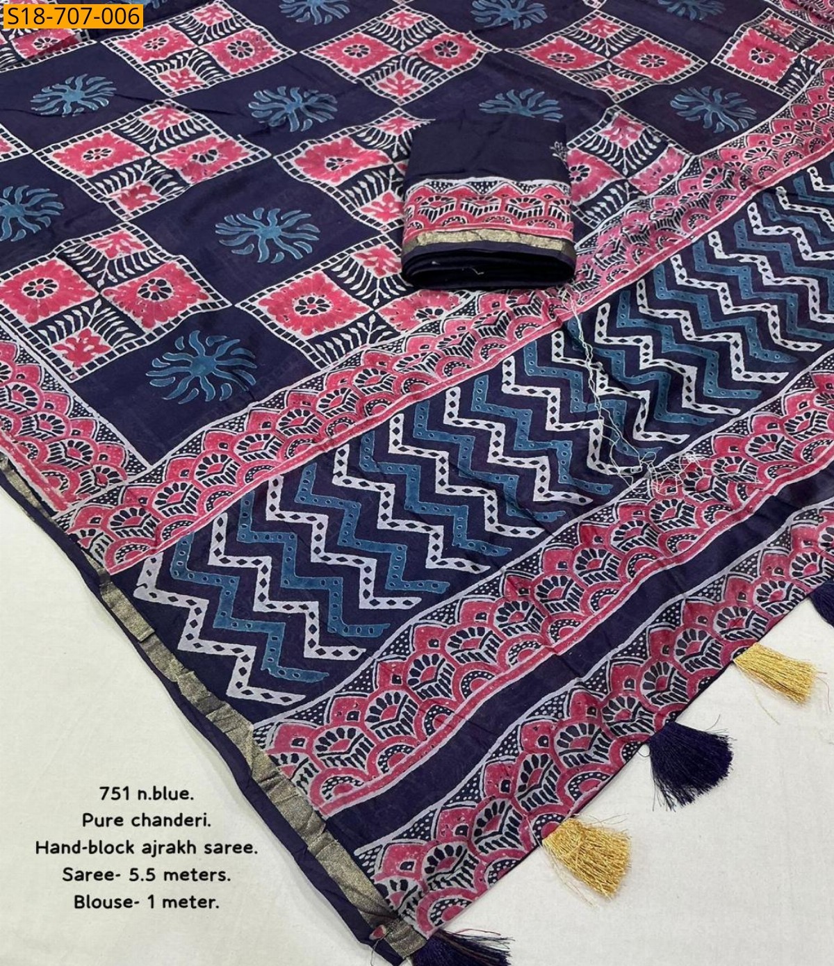 Blue Chanderi cotton handblock printed sarees