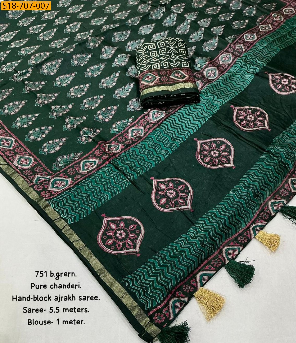 Green Chanderi cotton handblock printed sarees