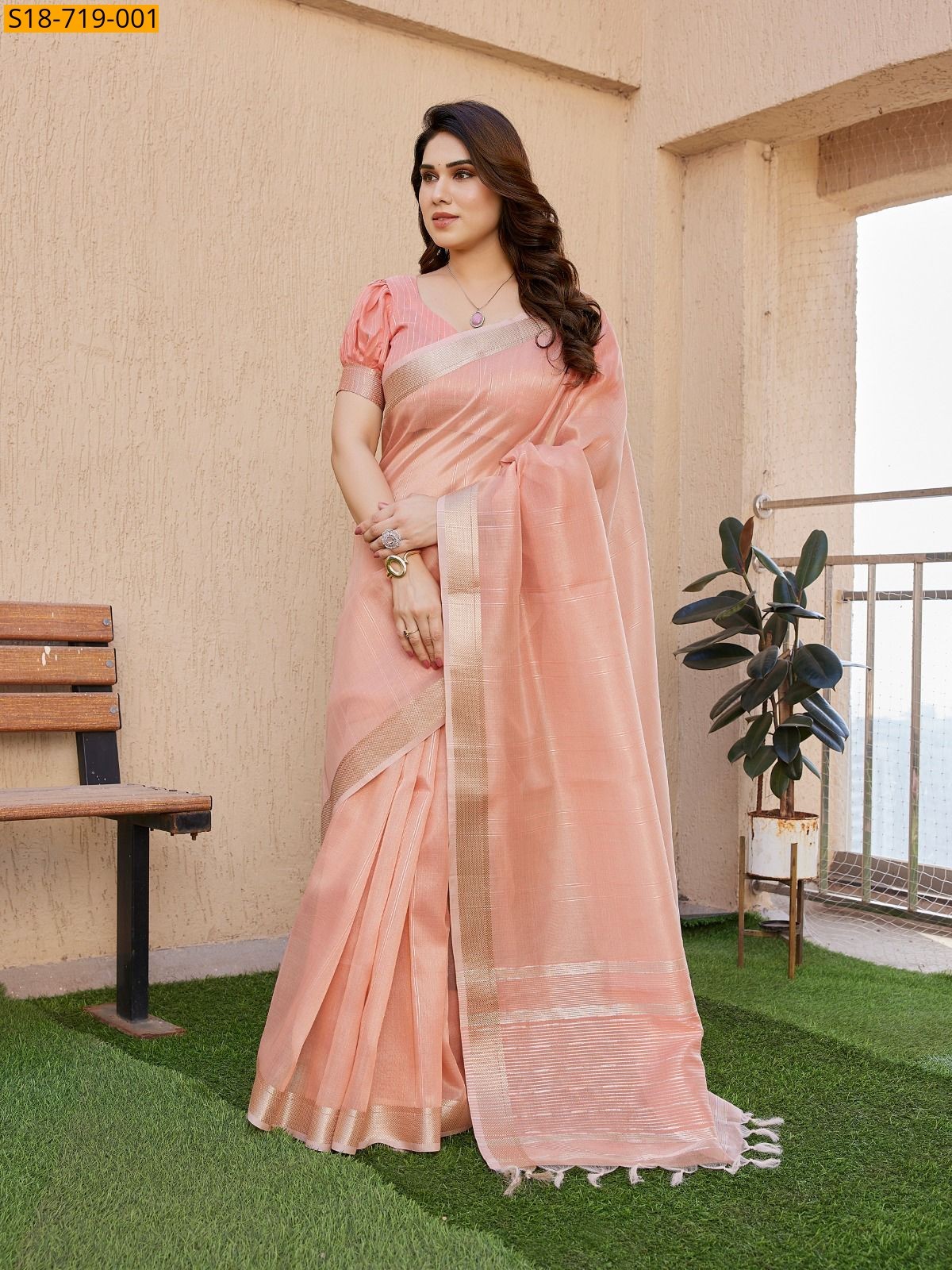Peach Soft Tissue Linen Silk Saree