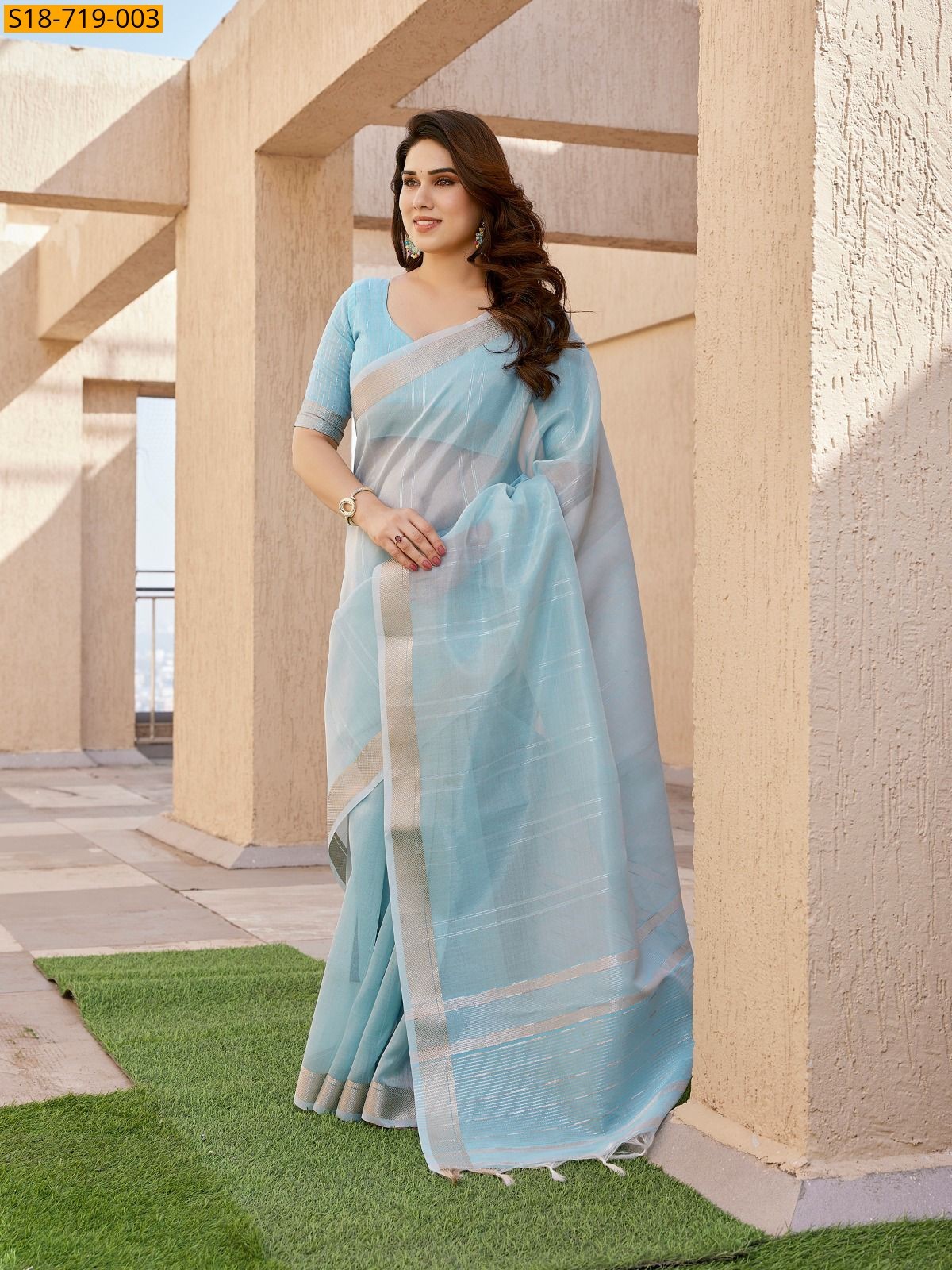 Light Blue Soft Tissue Linen Silk Saree