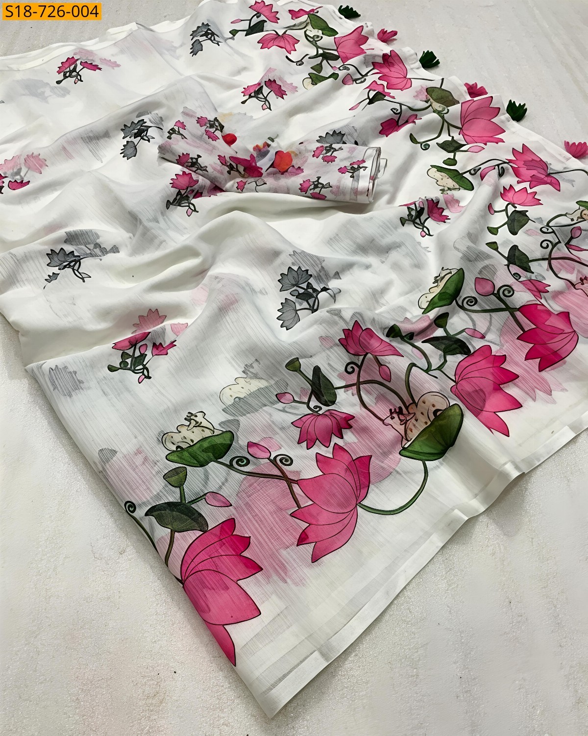 White Fancy Linen Blooming Sarees