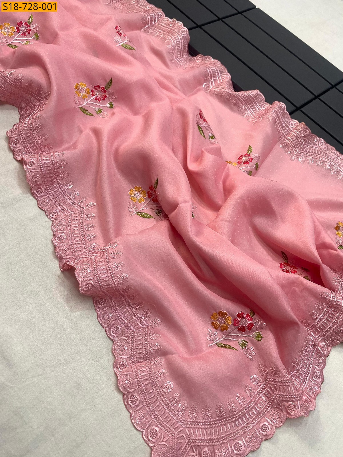 Pink Tussar dobby embroidery work sarees