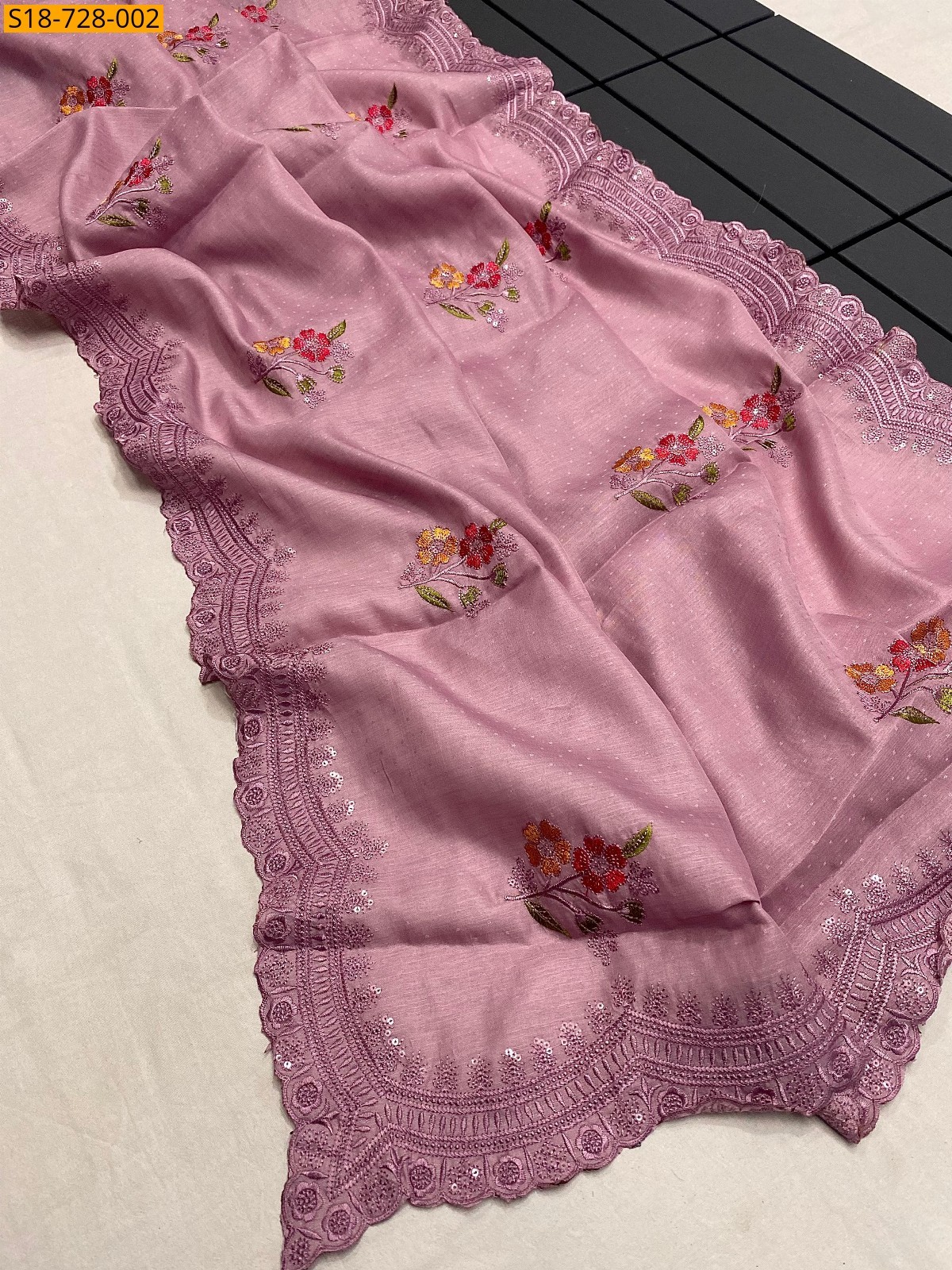 Onion Pink Tussar dobby embroidery work sarees