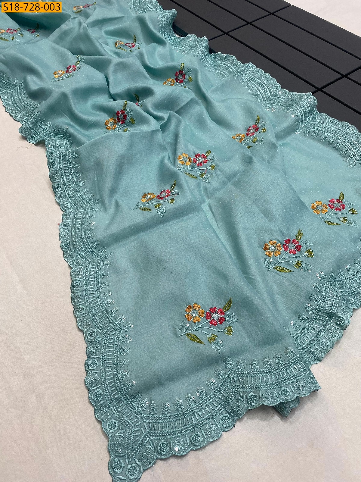 Blue Tussar dobby embroidery work sarees