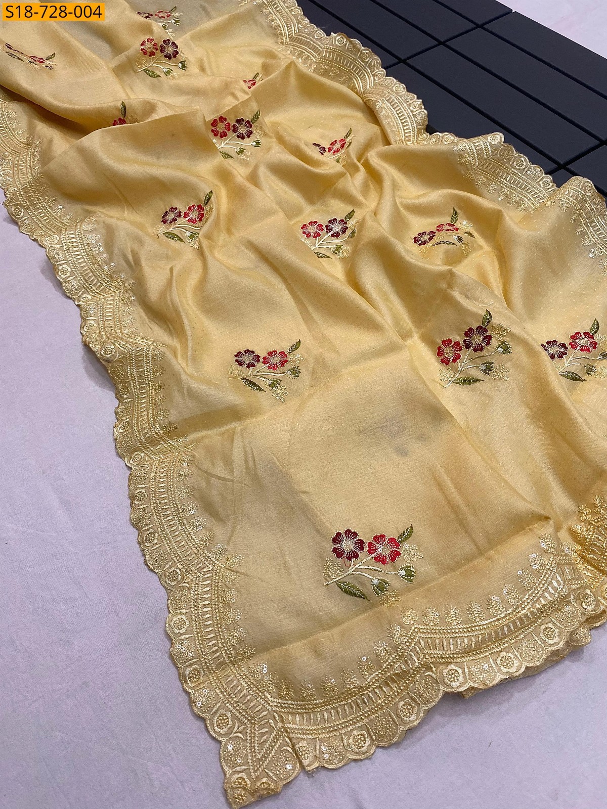 Yellow Tussar dobby embroidery work sarees
