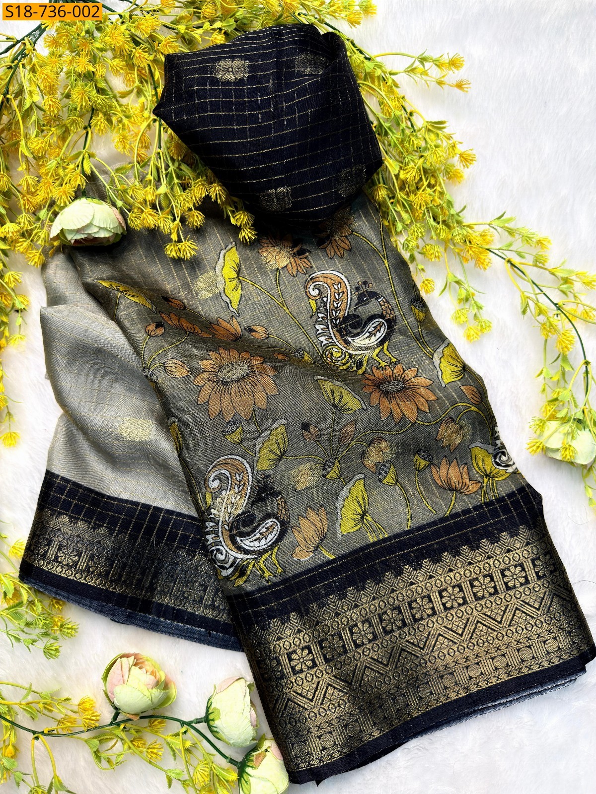 Grey Fancy zari Checks Sarees