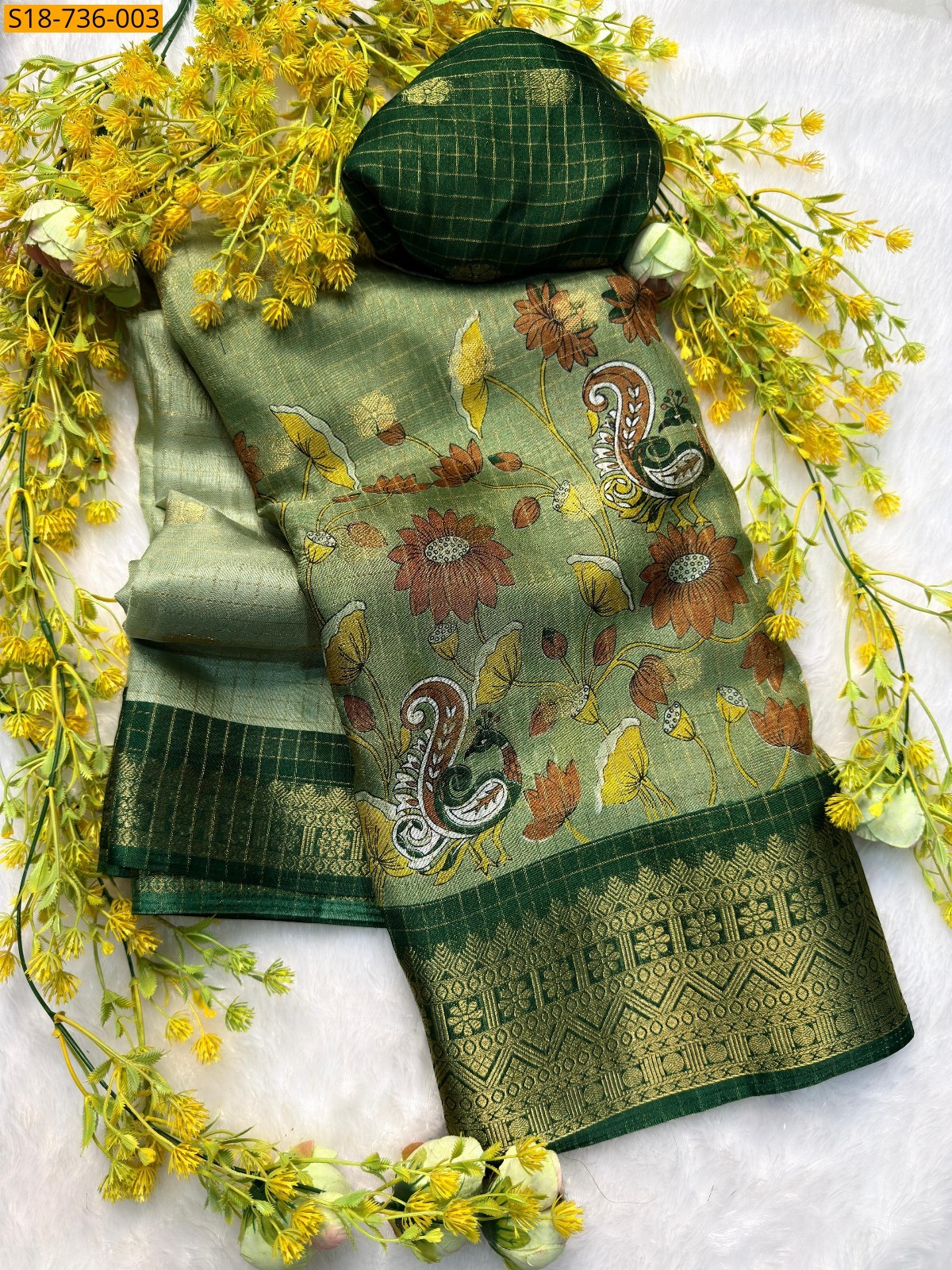 Green Fancy zari Checks Sarees