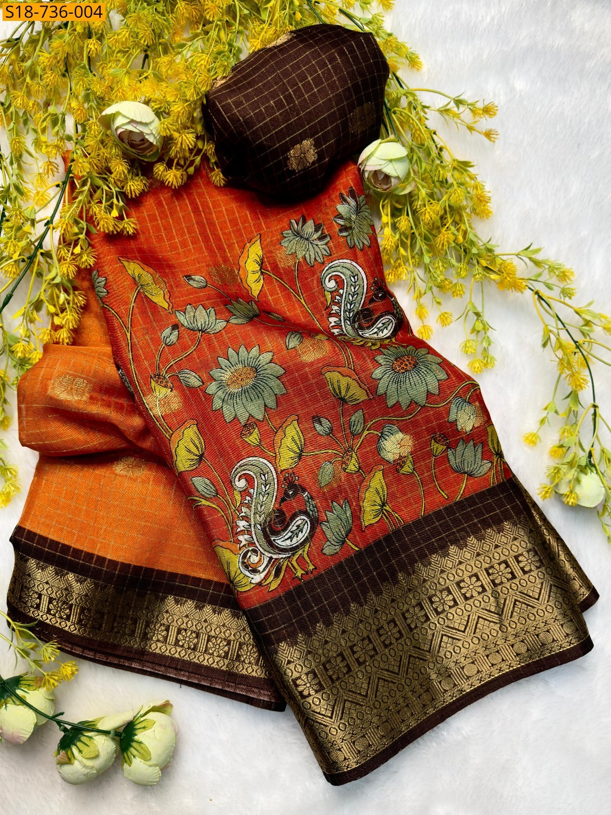 Orange Fancy zari Checks Sarees