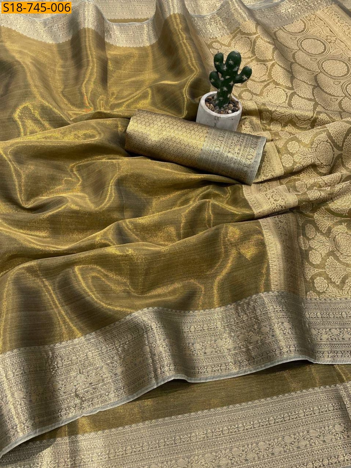 Olive Green Banarasi Soft Tissue Silk  Saree