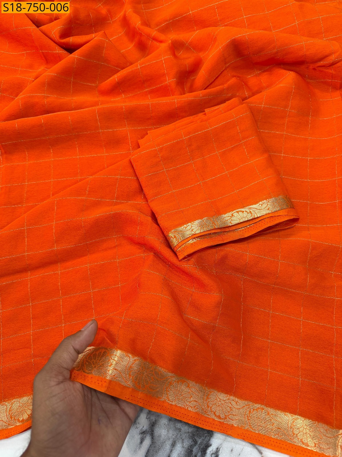 Orange Fancy chinnon viscose checks sarees