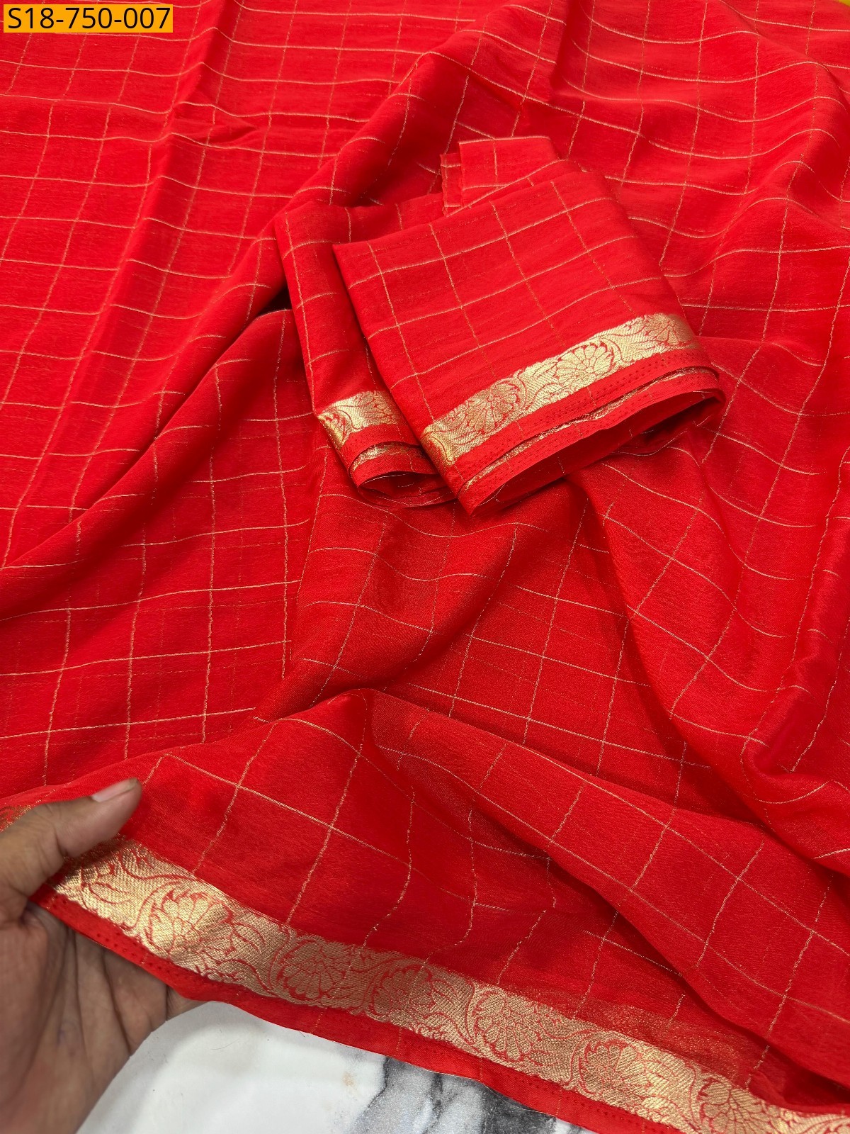 Red Fancy chinnon viscose checks sarees