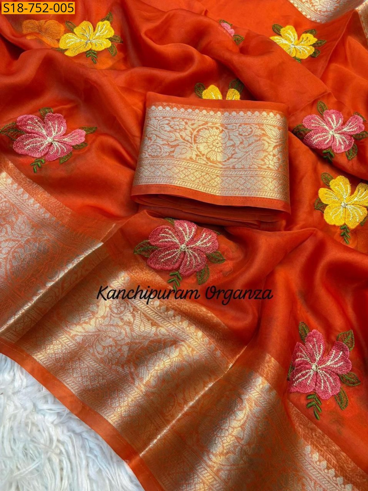 Orange Fancy organza embroidery sarees