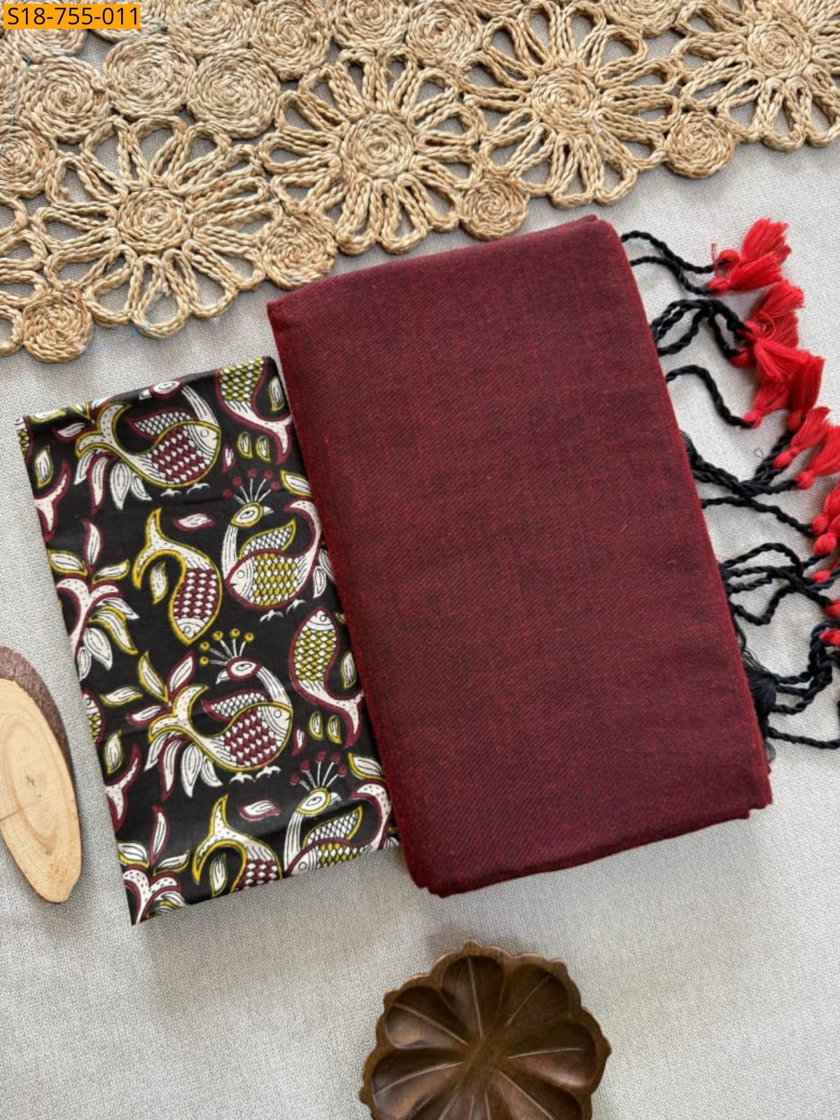 Maroon Khadi Cotton Sarees