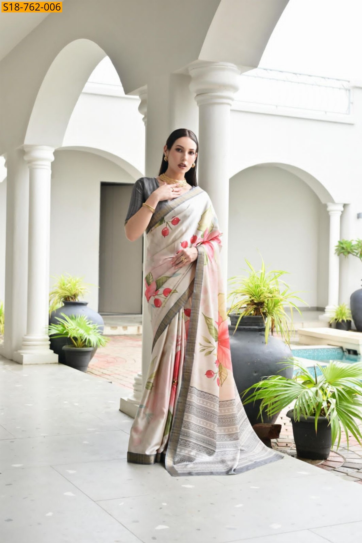 Half White Satin Silk Saree
