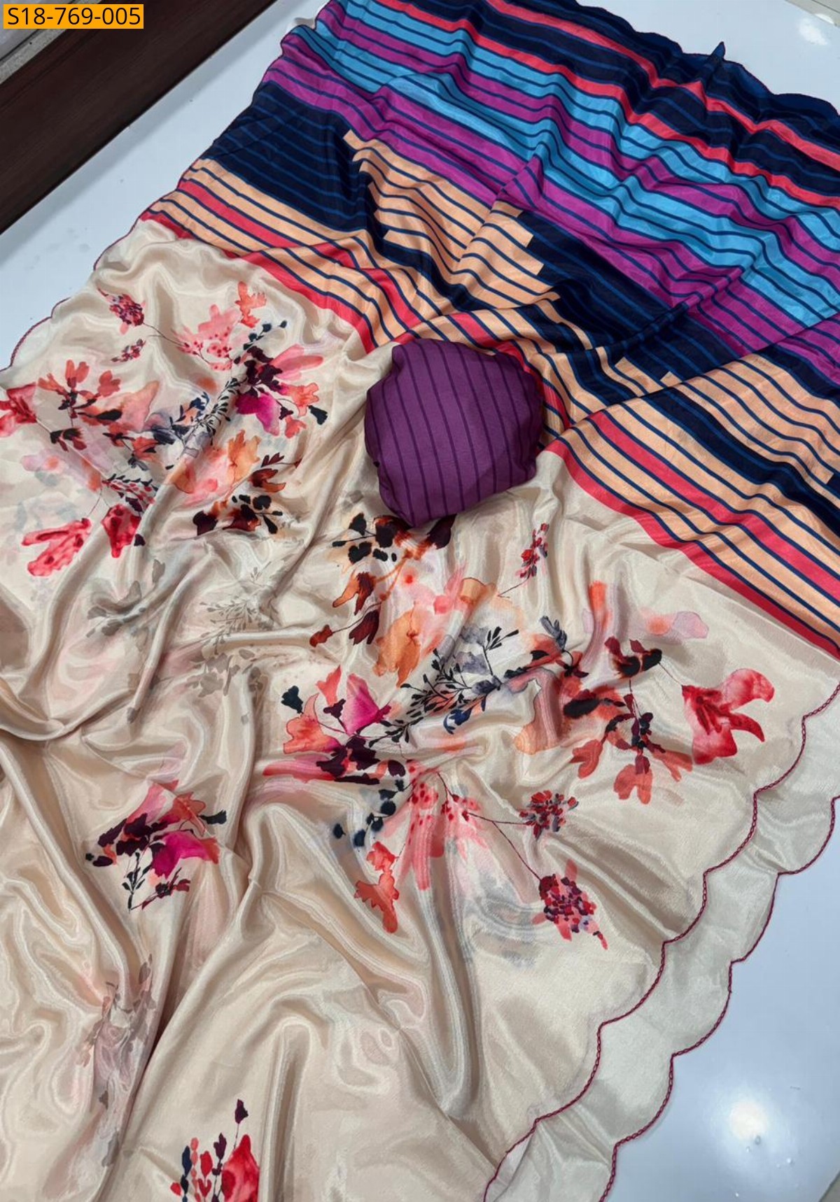 Beige Soft chinnon Saree