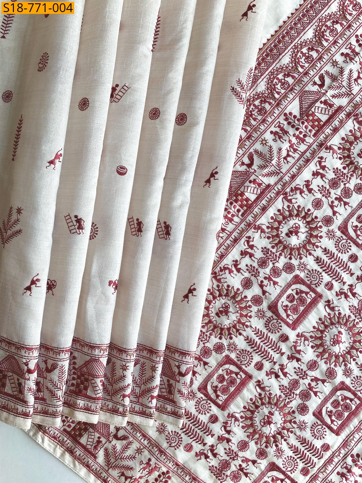 Red Tussar Silk Embroidery Saree