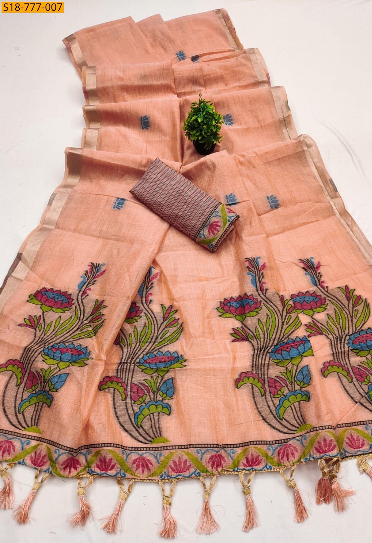 Peach Premium Soft Muga Cotton saree