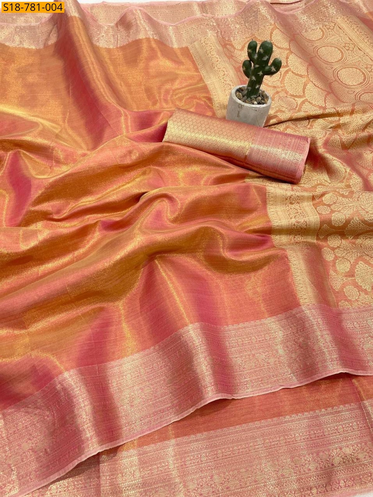 Peach Banarasi Soft Tissue Silk Saree