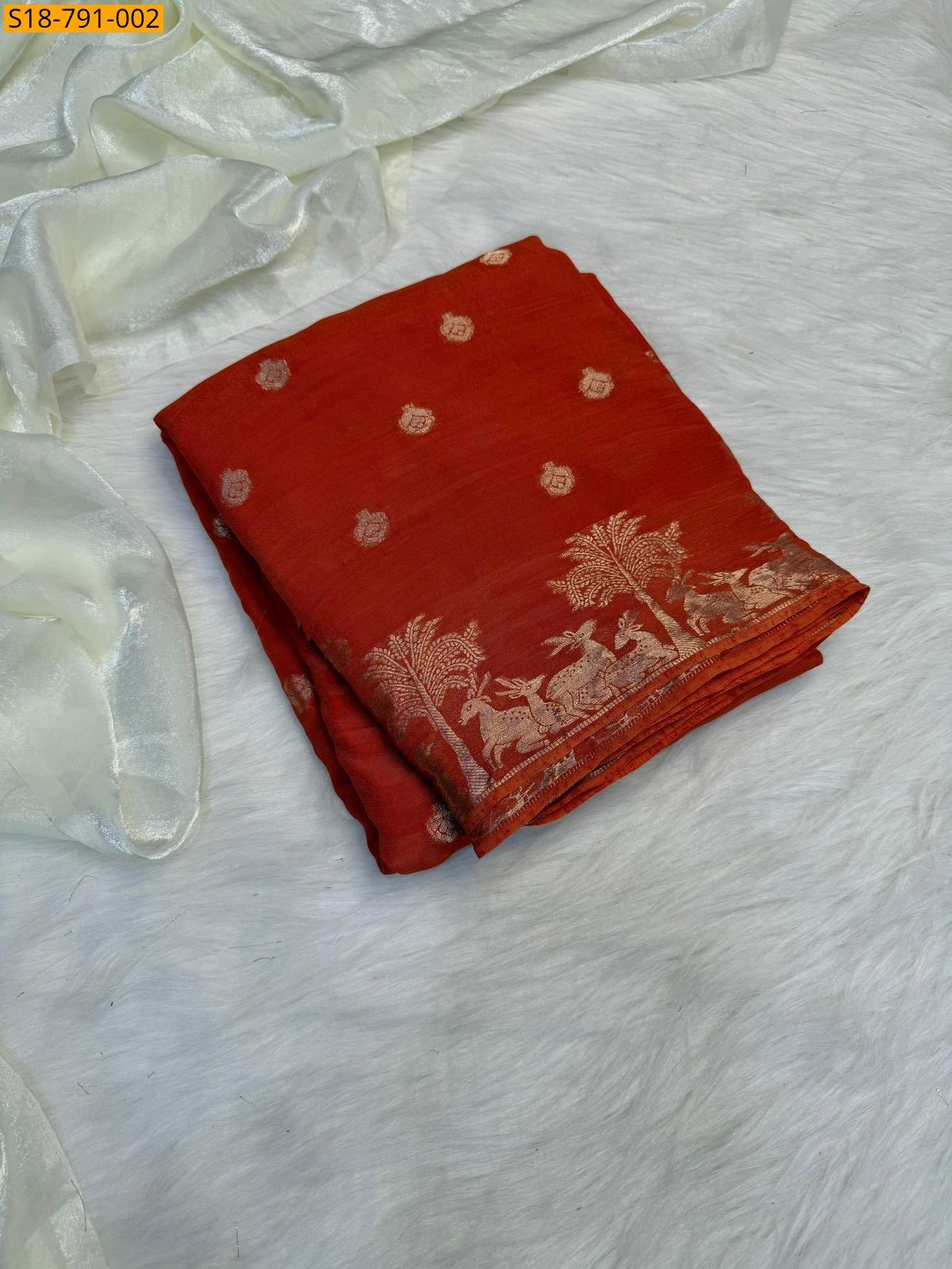 Orange Fancy Viscose Muslin Silk Saree