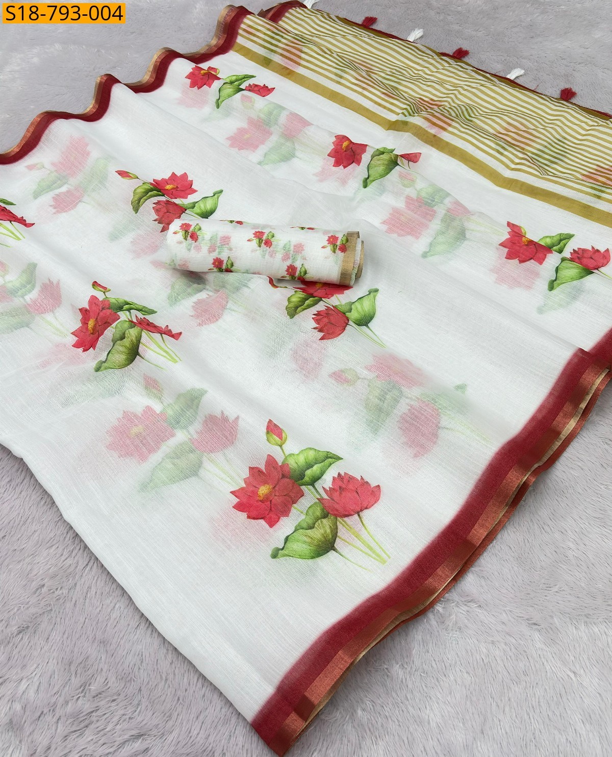 White Fancy Soft linen saree