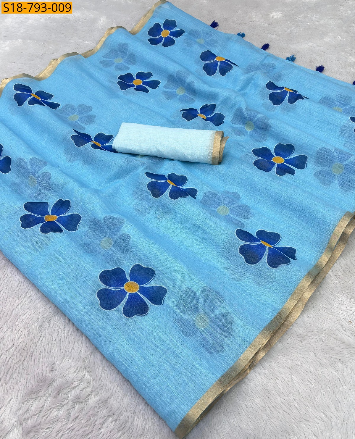 Sky Blue Fancy Soft linen saree