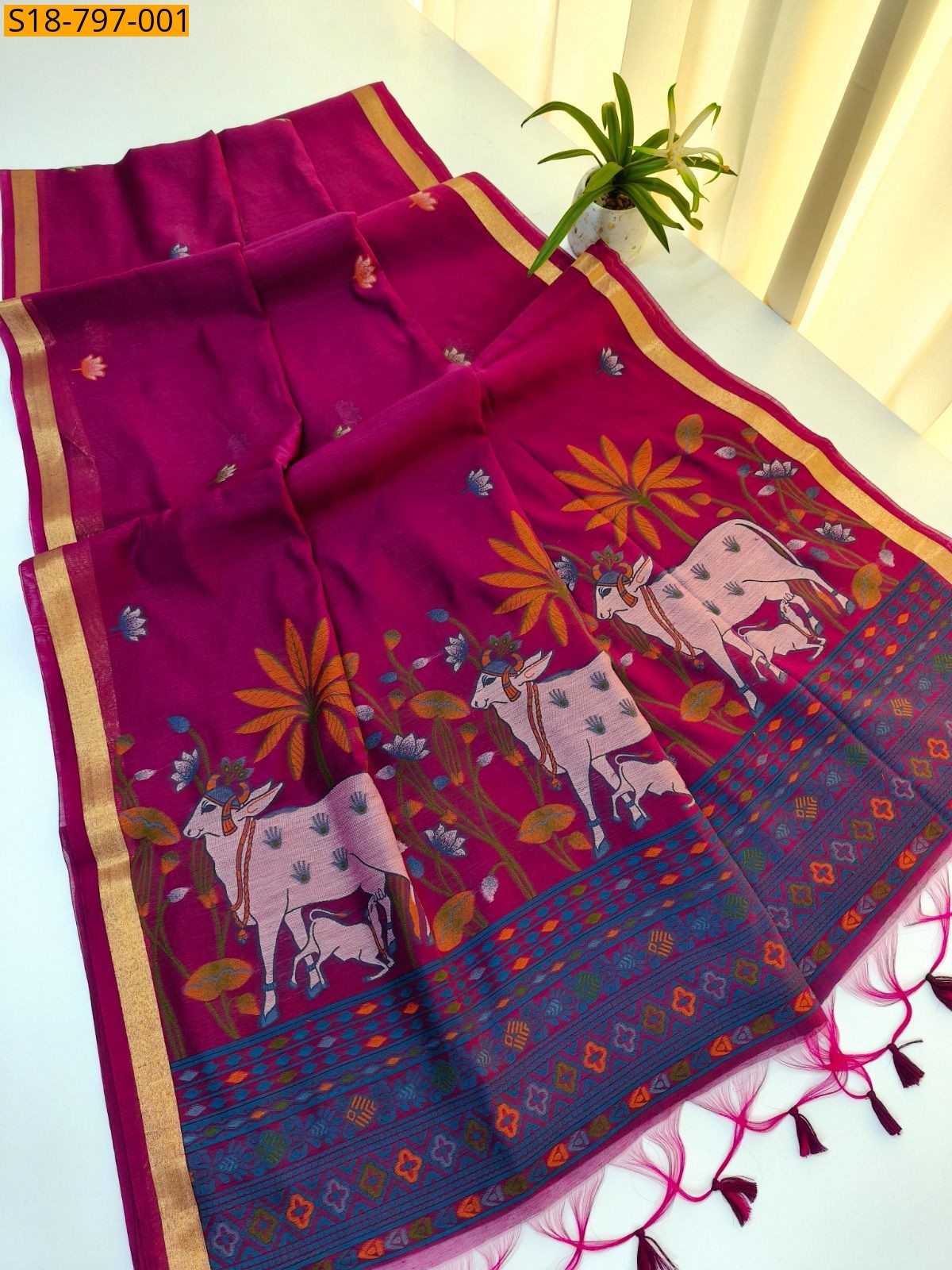 Megenta Fancy soft muga cotton sarees