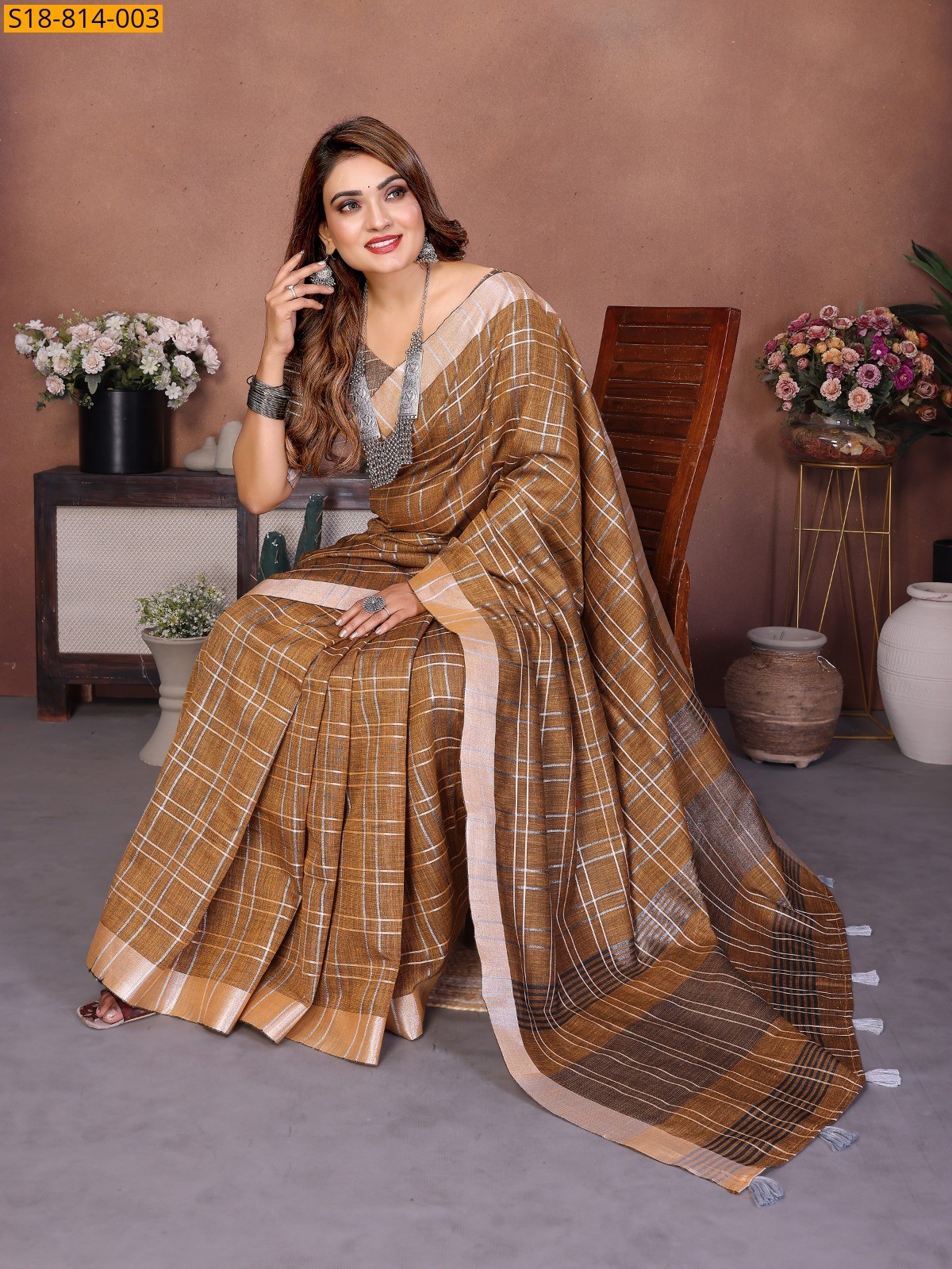 Mustard Fancy Linen Checks Sarees