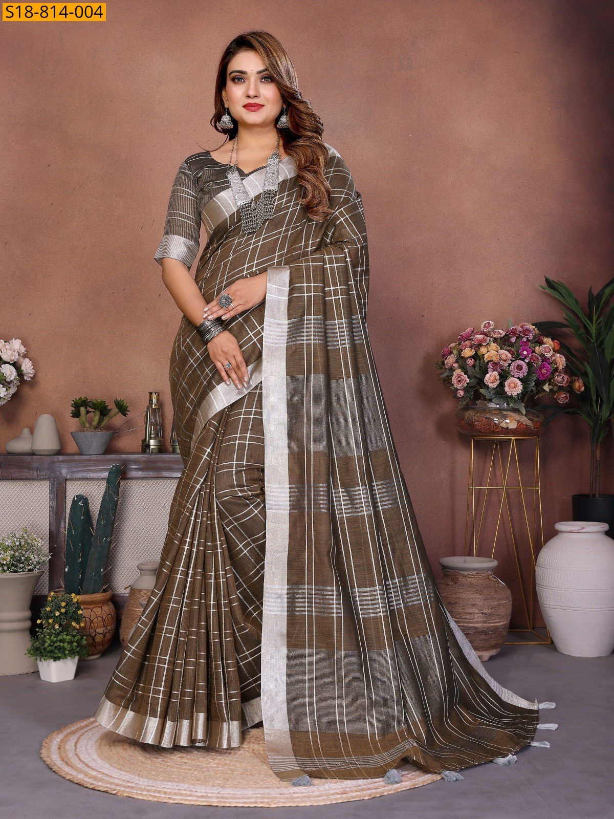 Brown Fancy Linen Checks Sarees
