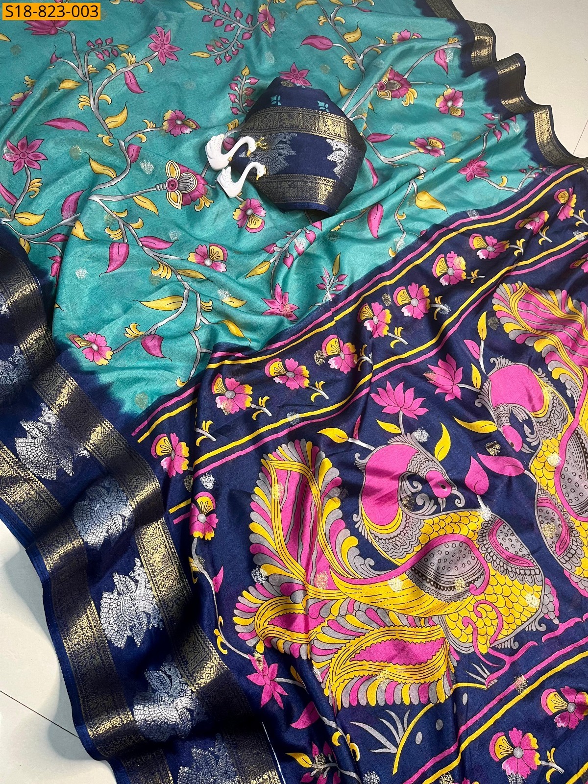 Blue Fancy Dola kalamkari printed sarees