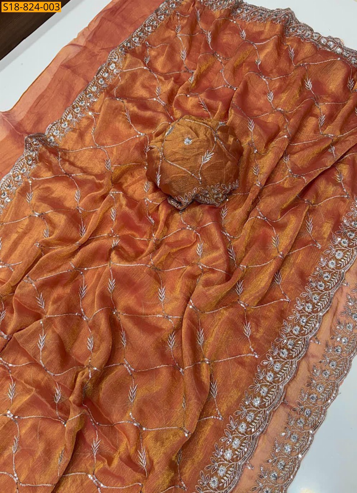 Orange Fancy Chiffon sequence work sarees