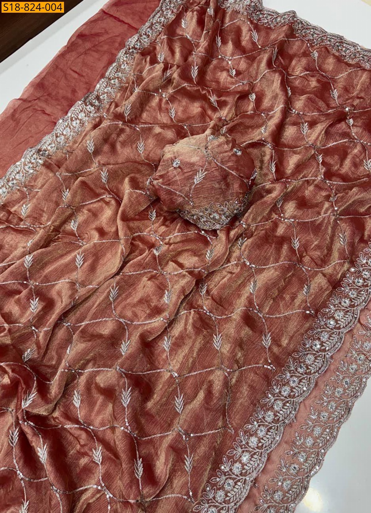 Brown Fancy Chiffon sequence work sarees