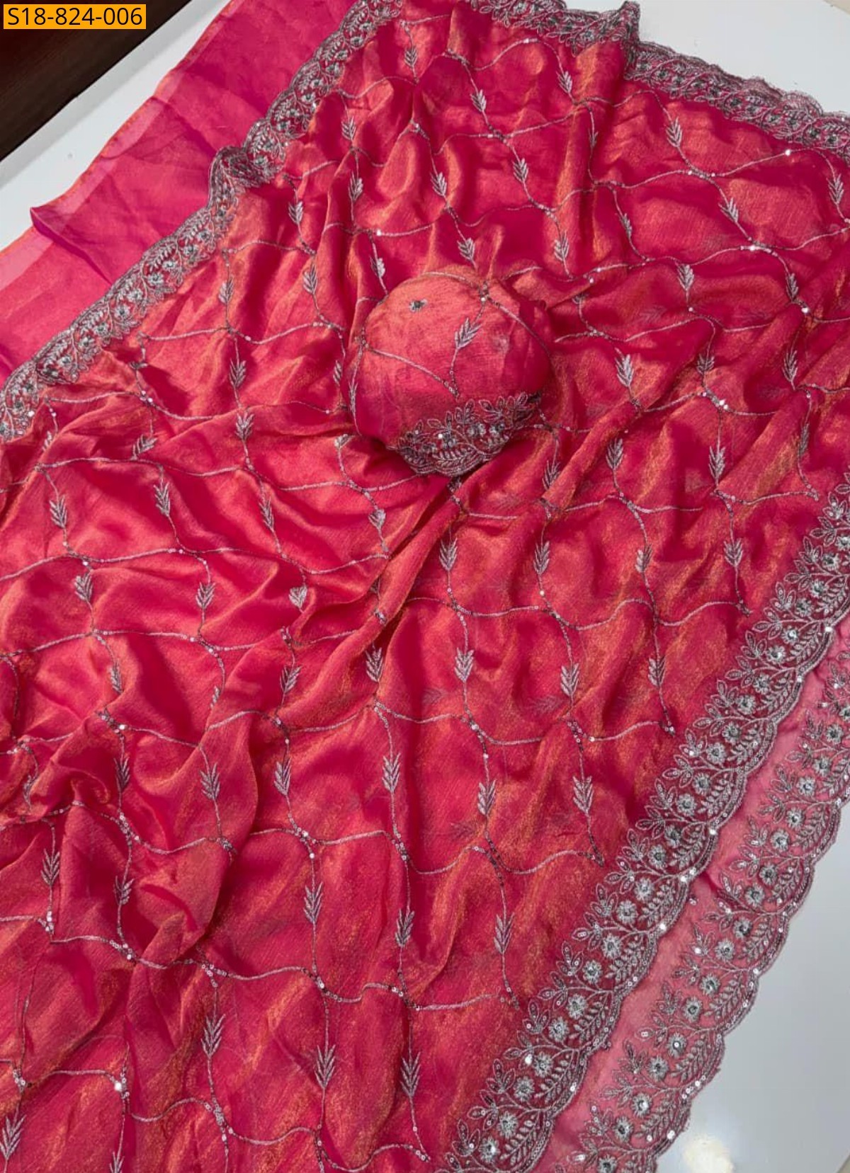 Dark Pink Fancy Chiffon sequence work sarees